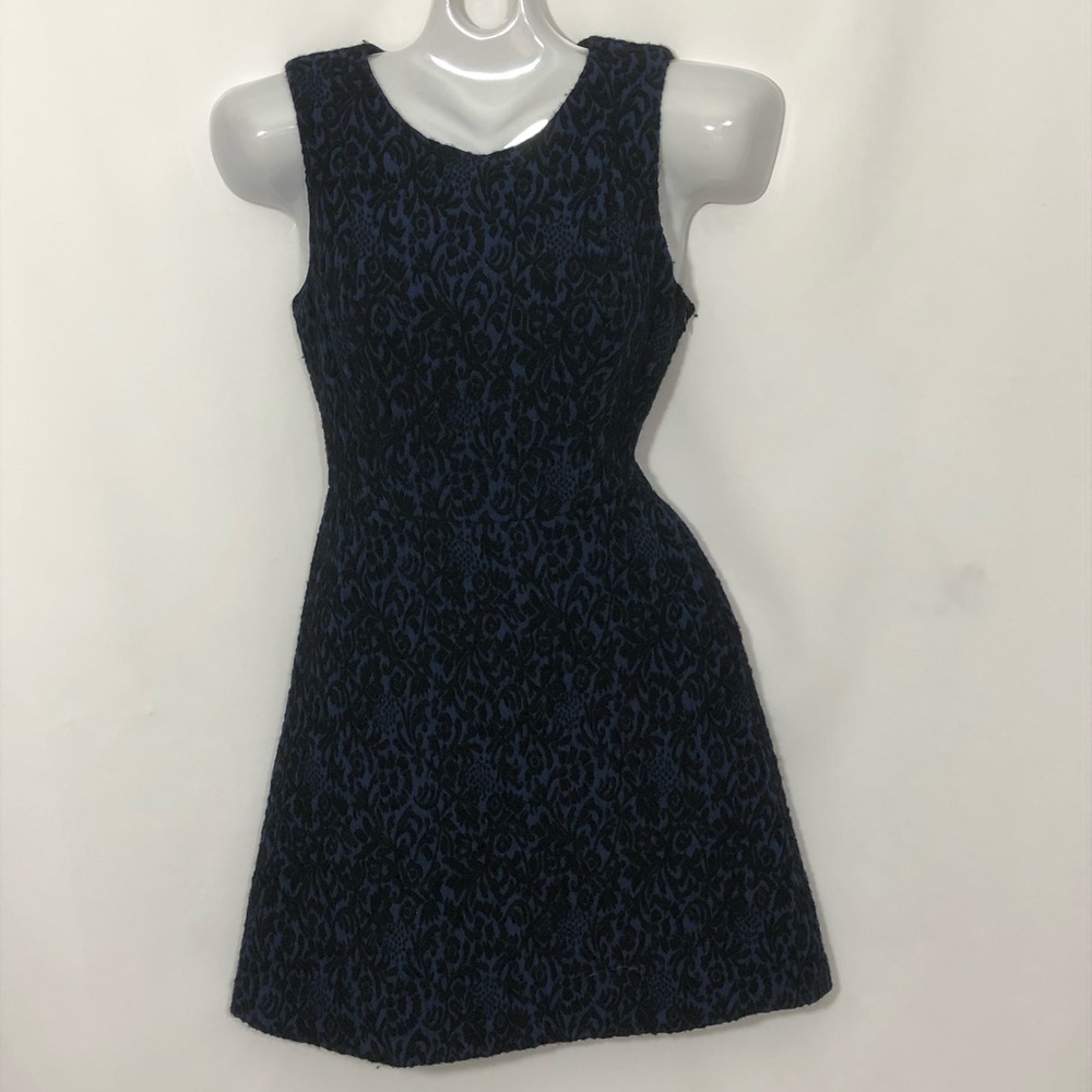 ZARA wool blue w/ black embossed lace design dress